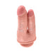 Beige double-ended realistic dildo with detailed texture and suction cup base for hands-free use.