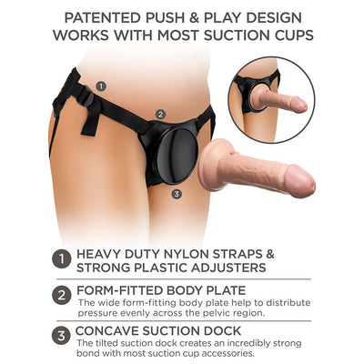 Diagram showing a strap-on harness with heavy-duty nylon straps, form-fitted body plate, and concave suction dock for secure dildo attachment.