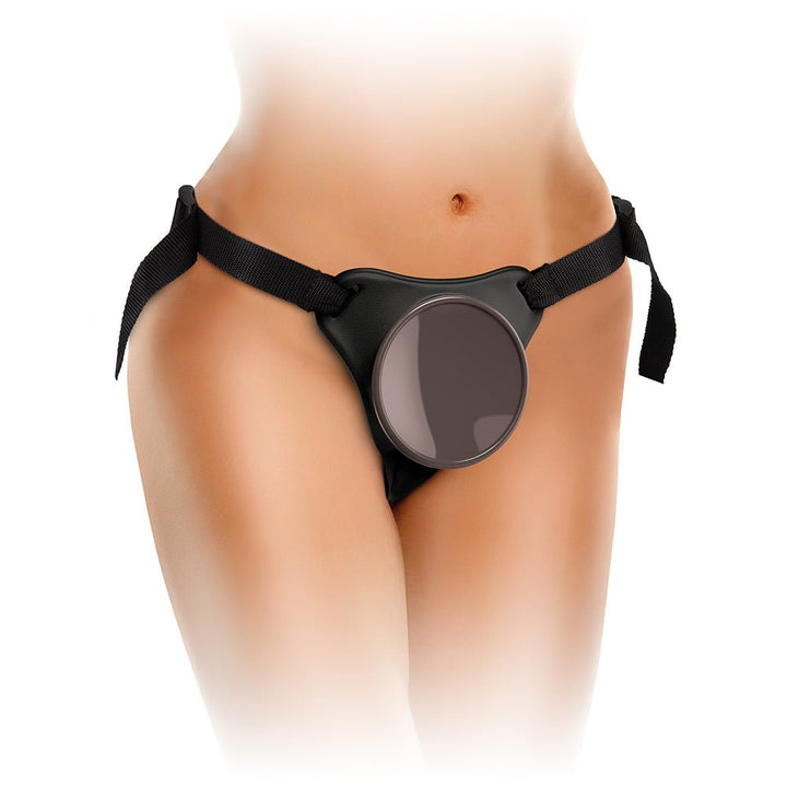 Front view of a person wearing the King Cock Elite Comfy Body Dock strap-on harness with black adjustable straps and a suction cup dock.