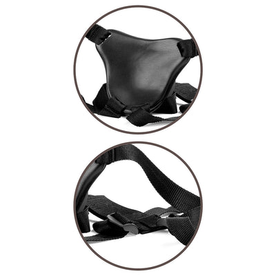 Close-up views of the black adjustable nylon strap harness with padded body plate and plastic buckles for secure fit.