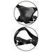 Close-up views of the black adjustable nylon strap harness with padded body plate and plastic buckles for secure fit.