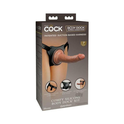King Cock Elite Comfy Silicone Body Dock Kit packaging showing strap-on harness with realistic silicone dildo.