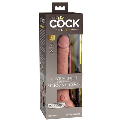 King Cock Elite 7-inch dual-density realistic silicone dildo in natural skin tone with suction base in retail packaging.