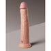 Realistic light-toned silicone dildo with detailed texture and suction cup base standing upright on a neutral surface.