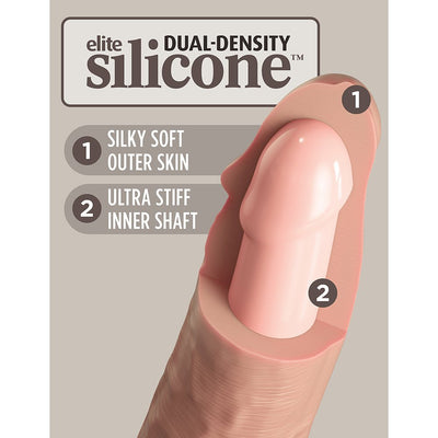 Cross-section illustration of King Cock Elite dual-density silicone dildo showing silky soft outer skin and ultra stiff inner shaft.