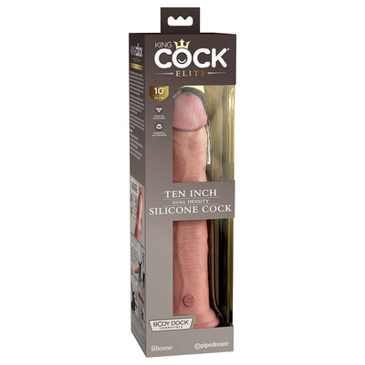 King Cock Elite 10-inch dual-density silicone dildo in light color with suction base, displayed in packaging.