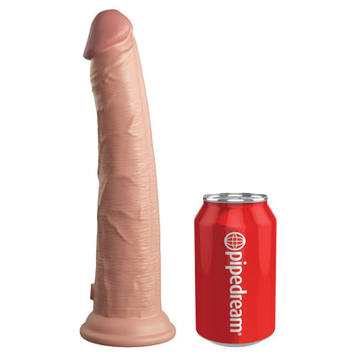 Realistic light silicone dual-density dildo standing next to a red Pipedream soda can for size comparison.