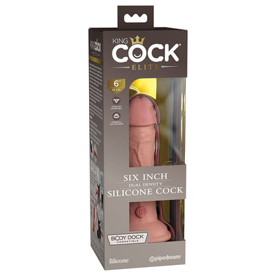King Cock Elite 6-inch dual-density silicone dildo in packaging with suction base and Body Dock compatibility.