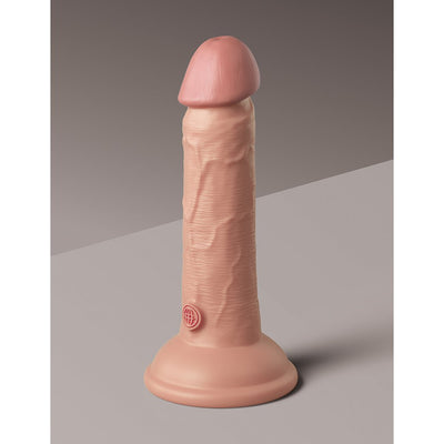 Realistic 6-inch dual-density silicone dildo with suction cup base in natural skin tone.