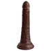 Tan dual-density silicone dildo with realistic texture and suction cup base, standing upright on white background.