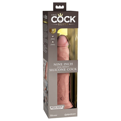King Cock Elite 9-inch dual-density silicone dildo in light tone, packaged in a branded box with clear window display.