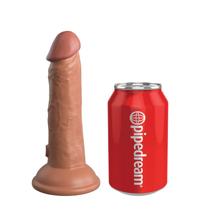 Realistic 6-inch dual-density silicone dildo with suction base next to a red Pipedream soda can for size comparison.