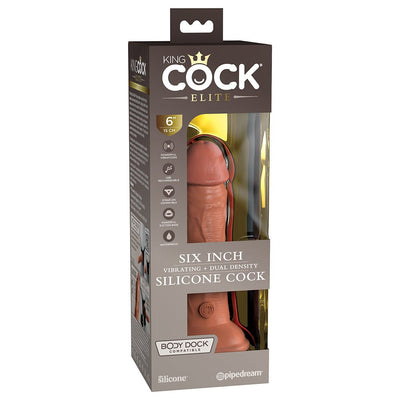 King Cock Elite 6-inch vibrating dual-density silicone dildo in packaging with suction base and USB rechargeable features.