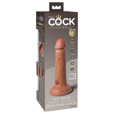 King Cock Elite 6-inch vibrating dual-density silicone dildo with suction base in realistic skin tone packaging.