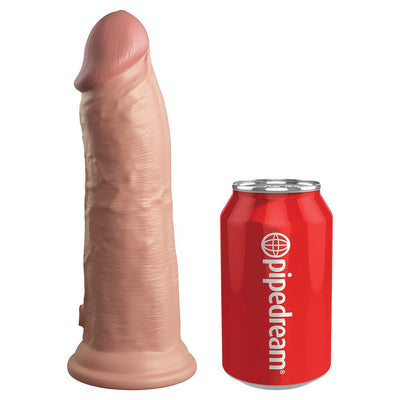 Realistic 8-inch dual-density silicone dildo with suction base next to a red Pipedream branded soda can for size comparison.