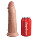 Realistic 8-inch dual-density silicone dildo with suction base next to a red Pipedream branded soda can for size comparison.