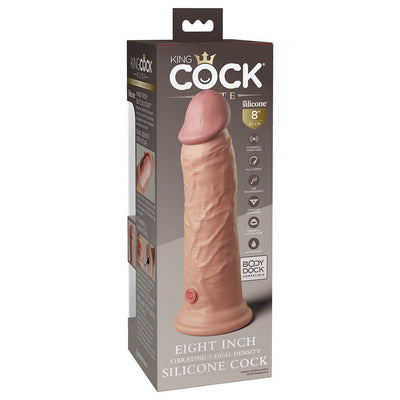 Packaging of King Cock Elite 8-inch vibrating dual-density silicone dildo with suction base and USB rechargeable features.