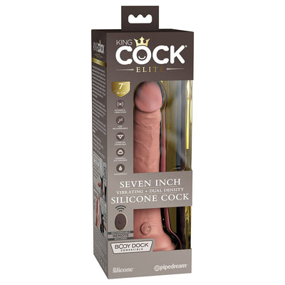 King Cock Elite 7-inch vibrating dual-density silicone dildo with remote in retail packaging.