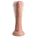 Realistic dual-density silicone dildo with vibrating tip and suction cup base shown in motion blur effect.