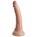 Realistic 7-inch dual-density silicone dildo with suction cup base and remote-controlled vibrations in natural skin tone.