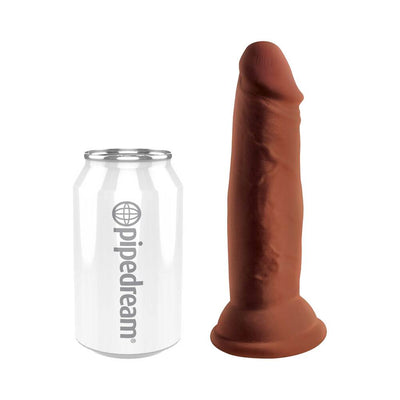 Brown 6-inch realistic textured dildo with suction base next to a white Pipedream branded soda can for size comparison.