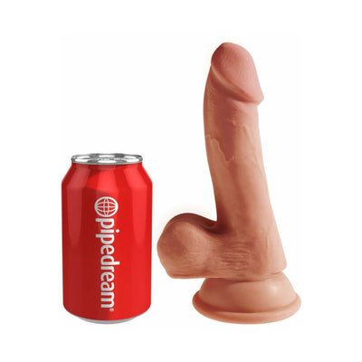 Tan realistic textured dildo with suction base next to a red Pipedream branded soda can for size comparison.