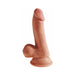 Tan realistic textured dildo with balls and suction cup base standing upright on white background