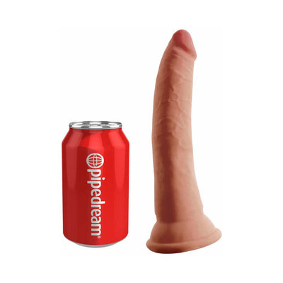 Tan 7-inch realistic textured dildo with suction base next to a red Pipedream branded soda can for size comparison.