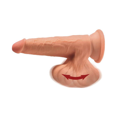 Tan King Cock Plus 7-inch triple density realistic dildo with swinging balls and suction cup base shown on white background.