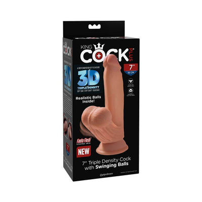 Packaging of King Cock Plus 7-inch triple density realistic dildo with swinging balls in tan color.