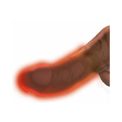 Brown 7.5-inch realistic thrusting adult toy with warming feature glowing red at the tip and shaft.
