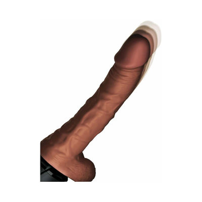 Brown 7.5-inch realistic thrusting adult toy with textured shaft and attached balls on white background.