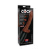 King Cock Plus 7.5 inch brown thrusting dildo with balls in black packaging highlighting warming and vibration features.