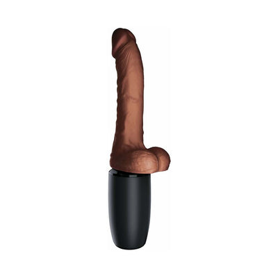 Realistic brown 7.5-inch thrusting dildo with balls and black base control unit.