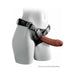 Mannequin wearing black adjustable strap-on harness with realistic brown dildo attached