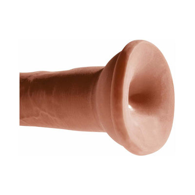 Brown realistic textured dildo with wide suction cup base for hands-free use and harness compatibility.