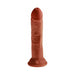 Realistic brown 8-inch triple density dildo with suction base for hands-free and harness use.