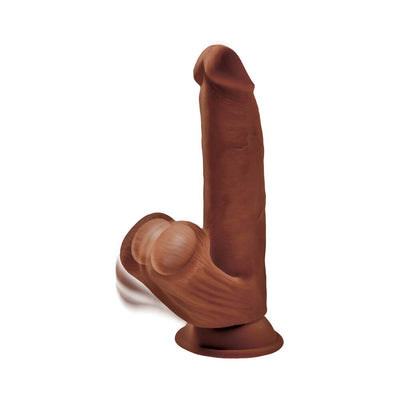 Realistic 8-inch brown triple density dildo with swinging balls and suction cup base for hands-free use.