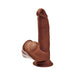 Realistic 8-inch brown triple density dildo with swinging balls and suction cup base for hands-free use.