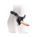 Realistic 8-inch triple density dildo attached to a black adjustable strap-on harness on a white mannequin.