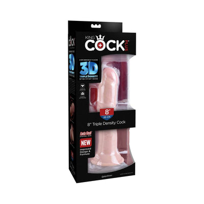 King Cock Plus 8-inch triple density dildo with lifelike skin texture in black retail packaging.