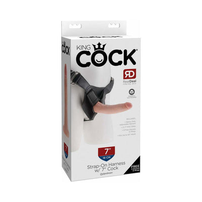 Packaging of King Cock 7-inch beige strap-on harness with adjustable black vinyl harness and lifelike dildo.