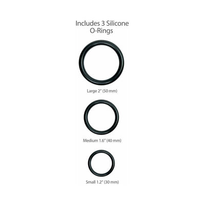 Set of three black silicone O-rings in large, medium, and small sizes with measurements labeled.