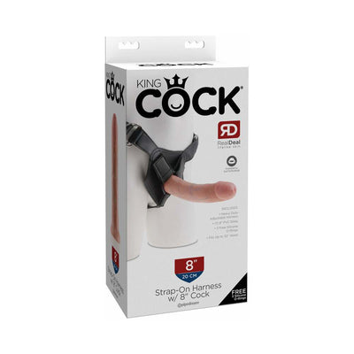 Packaging of King Cock 8-inch strap-on harness with lifelike dildo and adjustable black vinyl harness shown on mannequin.