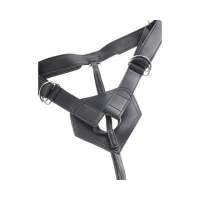 Close-up of black heavy-duty vinyl strap on harness with adjustable metal buckles and O-ring attachment point.