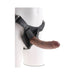 Black heavy duty vinyl strap on harness with adjustable metal buckles and an 8-inch realistic brown dildo attached.