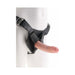 Black adjustable strap on harness with realistic 6-inch flesh-toned dildo on mannequin.