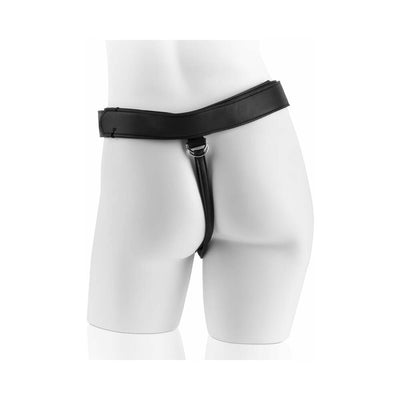 Back view of black adjustable strap on harness displayed on a white mannequin torso.