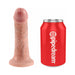 Realistic 6-inch flesh-toned dildo with suction cup base next to a red Pipedream branded can for size comparison.