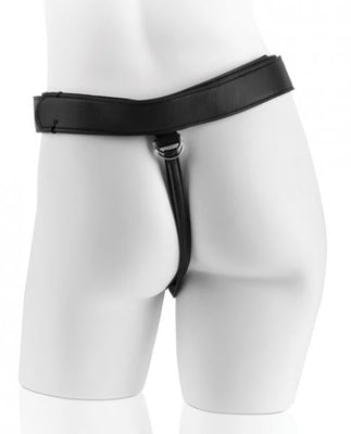 Back view of black adjustable strap-on harness on mannequin with metal buckle and Velcro O-ring holder.